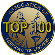 A round emblem featuring the text "Association of America’s Top Lawyers" and "Top 100." It shows a drawing of Lady Justice holding scales, with a blue and gold color scheme.